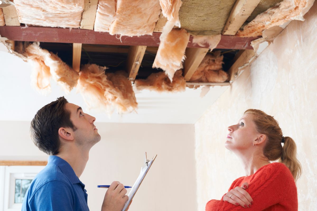 A man and woman examine a damaged ceiling while a roofer conducts a routine inspection above them.